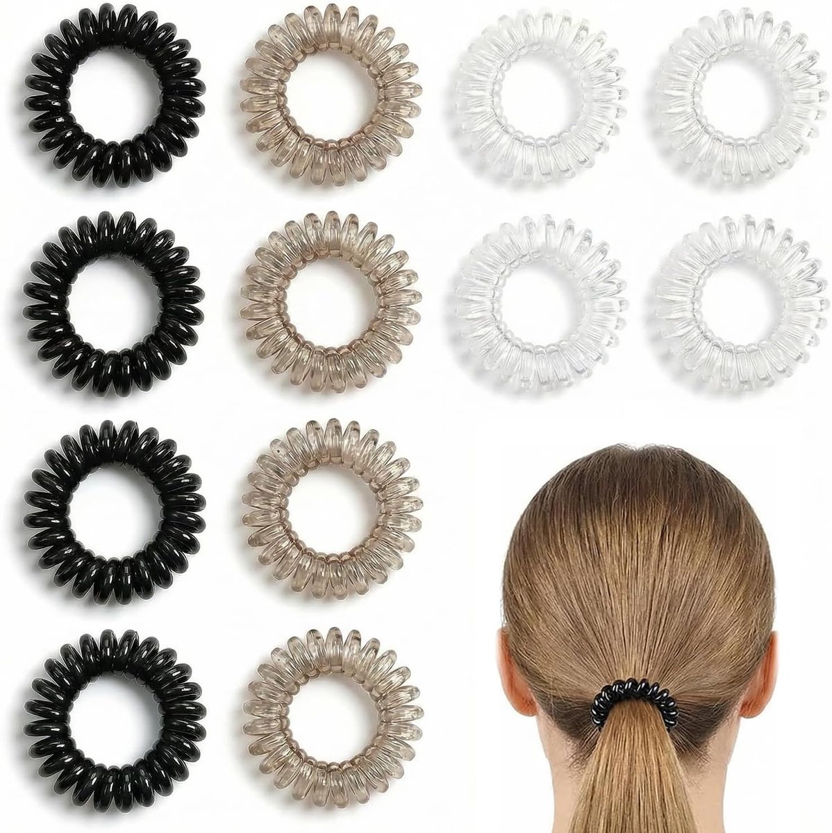 12 Pcs Spiral Hair Bands, No Damage Plastic Invisi Pony Coil Bobbles for Ponytail and Hair Protection (3 Colors) - ShopVlot