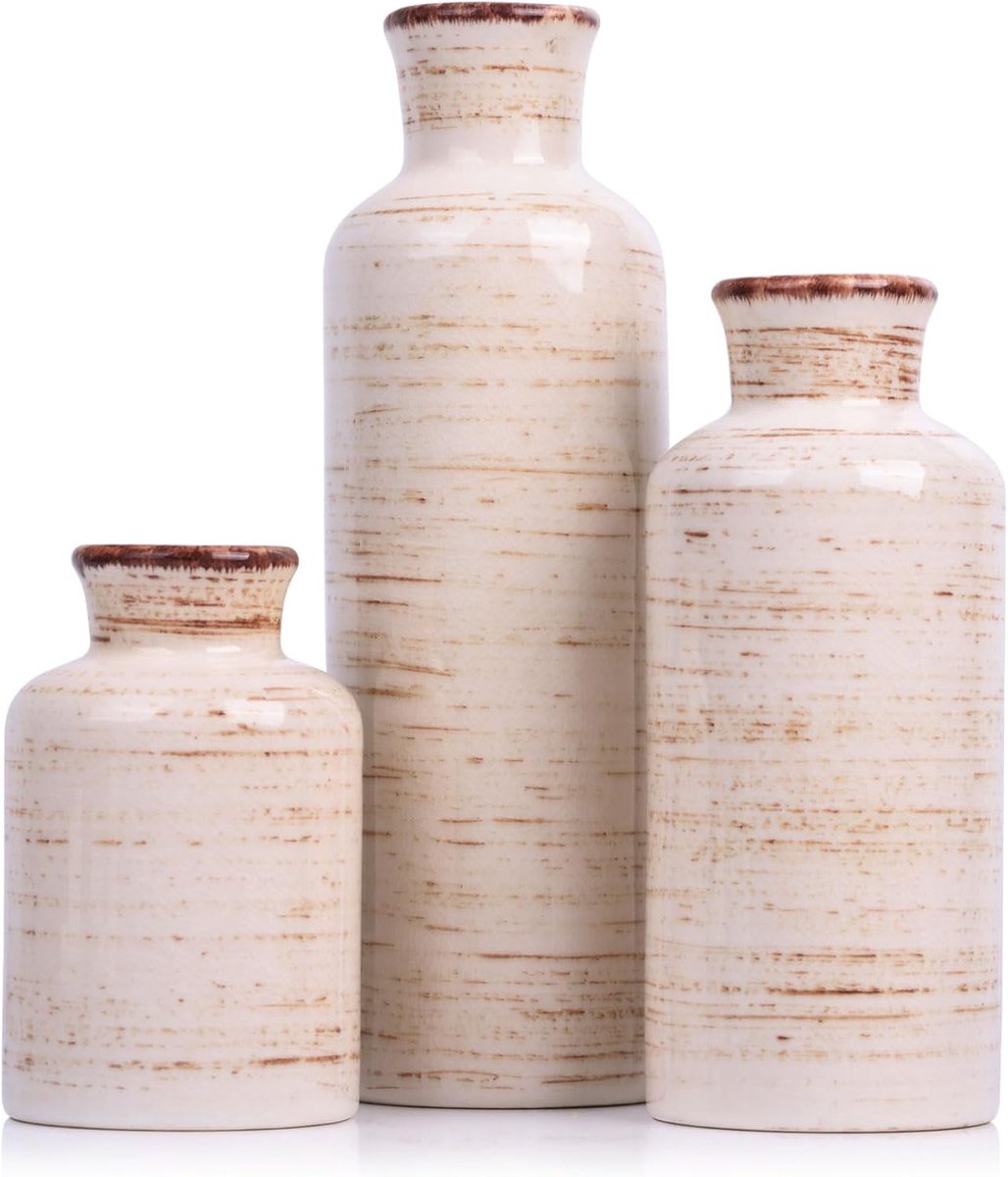 Ceramic Vase 3 Piece Set, Farmhouse Decoration Ceramic Small Vase for Country Home Decoration, Living Room Decoration - ShopVlot