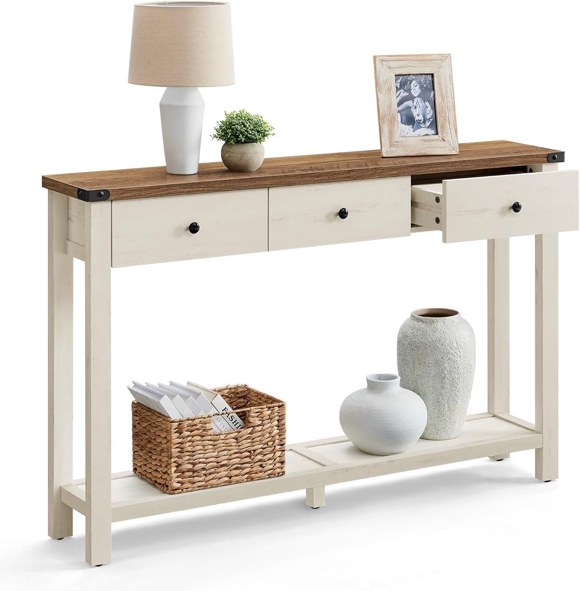 Conway Living® Sidetable met 3 Lades en Plank - Smalle Wandtafel - Landelijke Stijl - 120x24x76 cm - Honingbruin / Vintage Wit