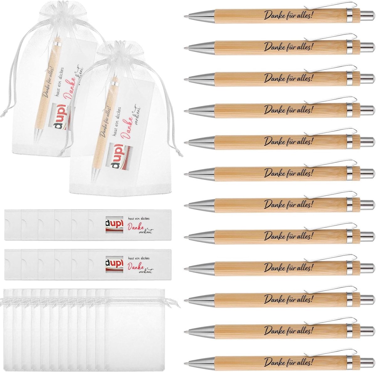 12 sets bedankgeschenken, gastgeschenken, bruiloft, vilten etui, balpen met spreuk, vilten hoes, organzazakje, dank - ShopVlot
