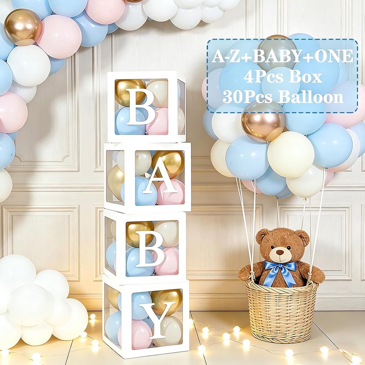 Baby Shower Decoration Box, Blue Pink Baby Shower, Balloon Box with 38 Letters (BABY+A-Z+ONE) and Balloons Blue Pink - ShopVlot