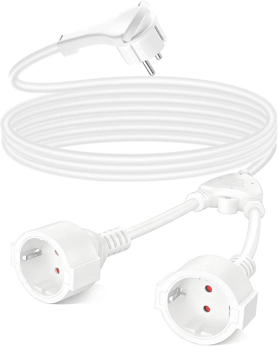 Double Plug for Socket, 2 m Extension Cable, 2-Way Schuko Y Distributor, 1.5 mm² Flexible Cable, 16 A/250 V, IP20 - ShopVlot