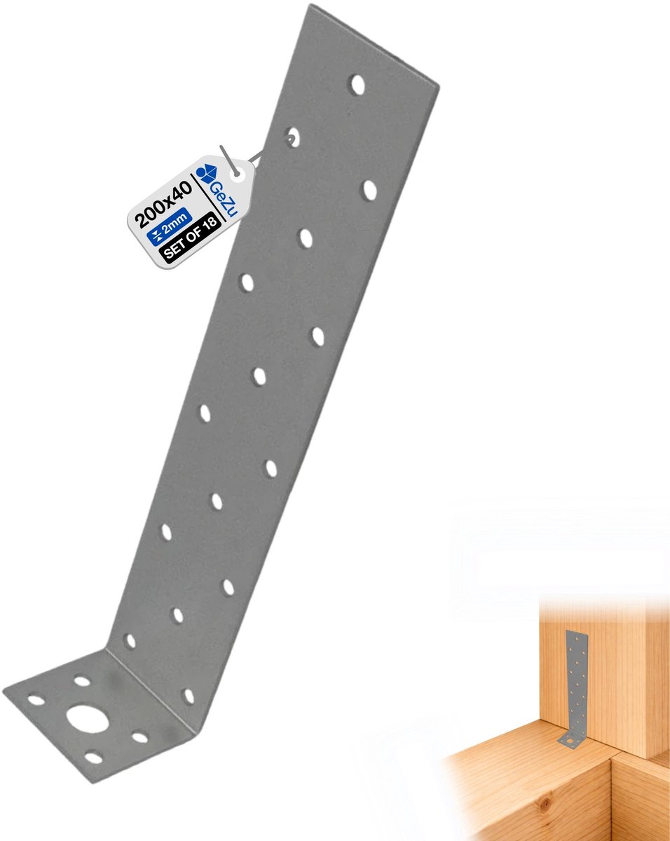 GeZu Impex Plat Staalanker Gegalvaniseerd Set van 18 200 x 40 mm plat anker hoekverbinder balkverbinding hoekijzers verbindingshoeken