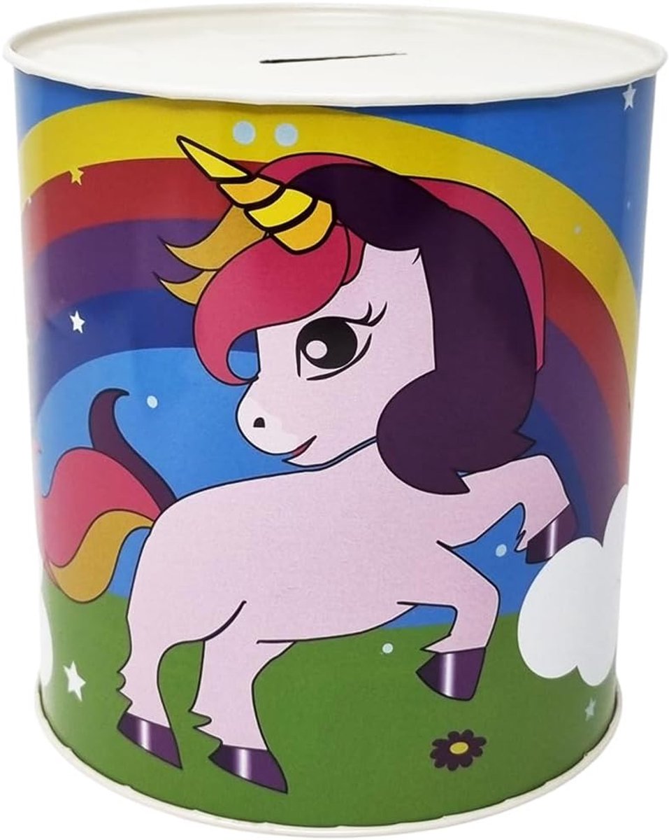 Money box design unicorn pink with rainbow of metal, unopened can, 15 x 13 cm - ShopVlot