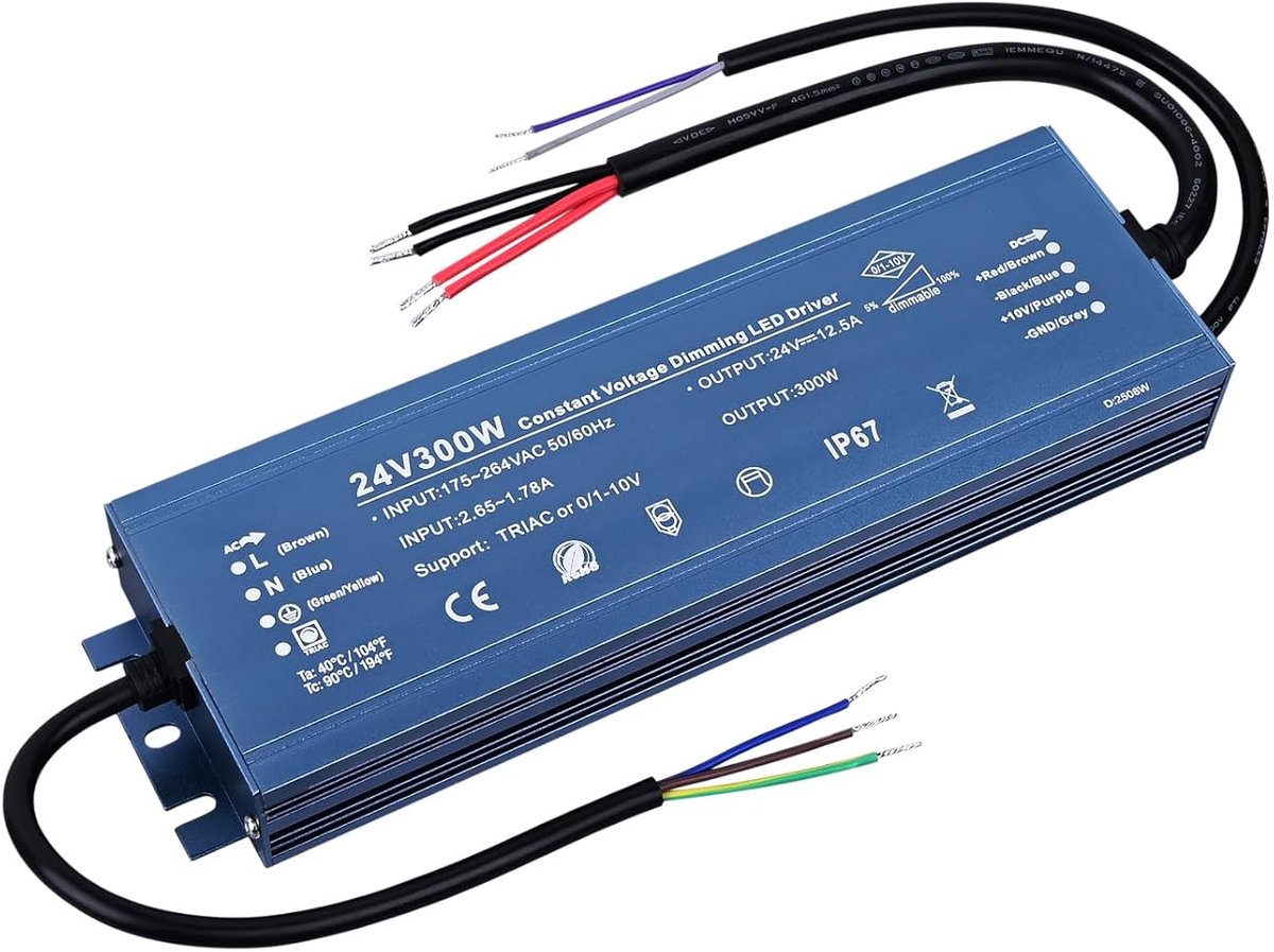 BENLUN Constant Voltage 24V 300W 12.5A Dimmable LED Driver, Waterproof IP67 Transformer, AC 200V-240V Triac Power - ShopVlot