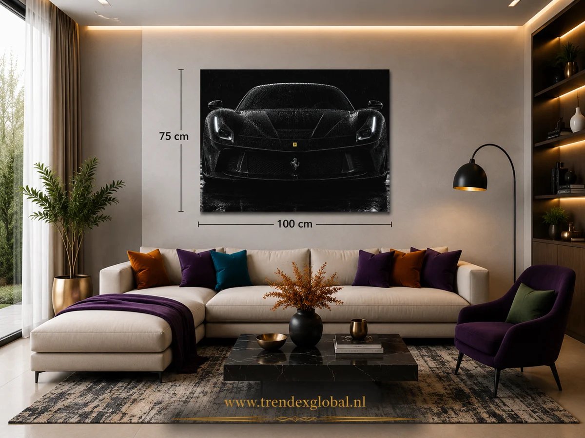 Canvas Schilderij Zwarte Ferrari - Auto Decoratie - 75 x 100 cm