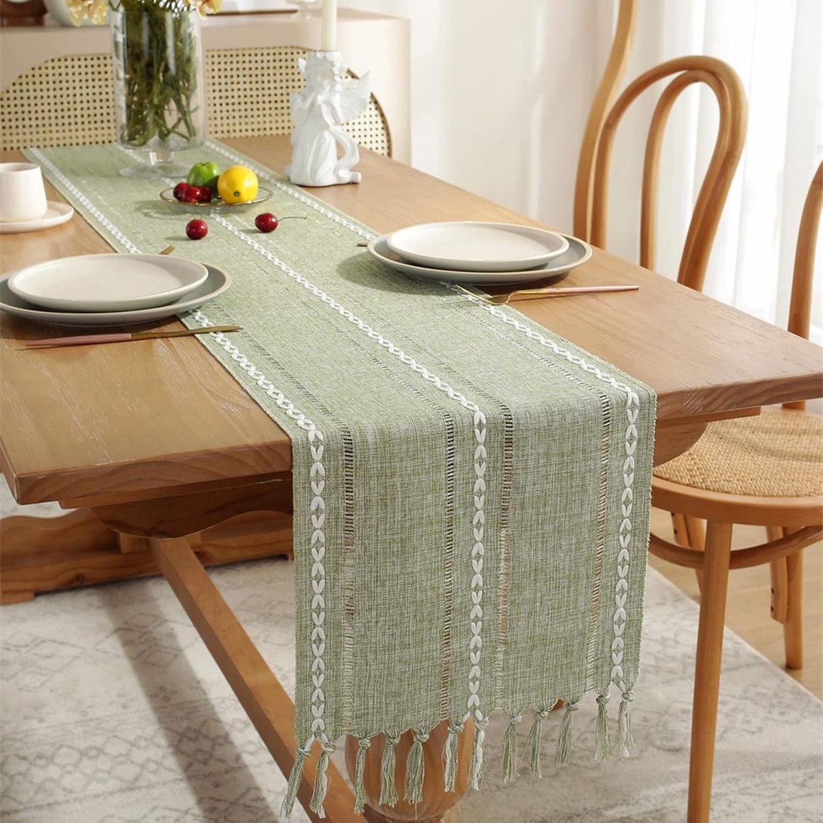 rismart Kwastjes Tafelloper Rustiek Handgemaakte Geweven Streep Runners Groen, 32 x 200 cm - ShopVlot