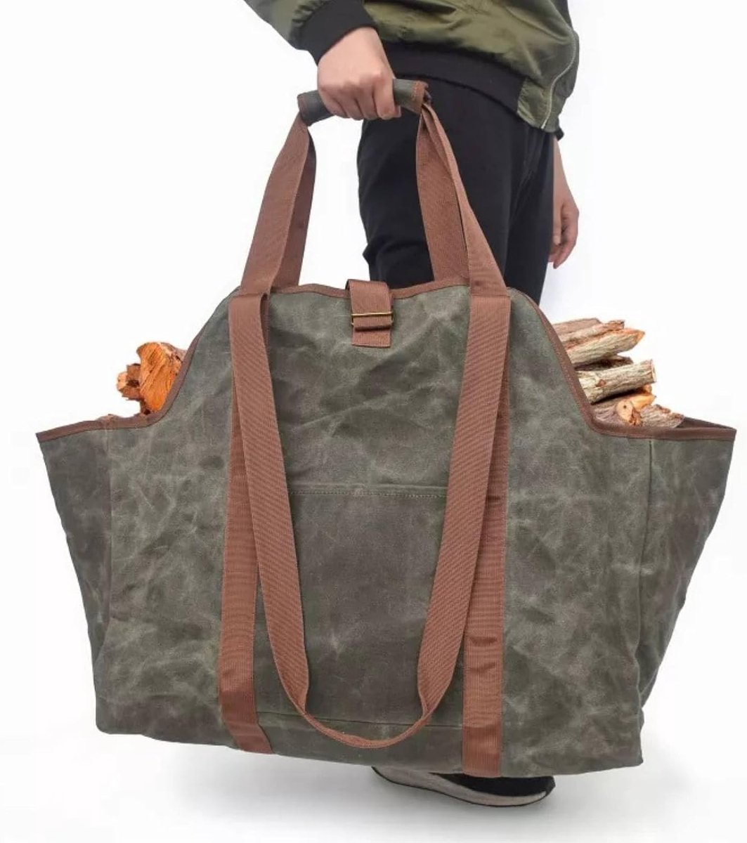 Firewood Tote Bag, Waxed Canvas Large Capacity Indoor Firewood Holder Waxed Canvas Tote Bag Wood Storage Bag Firewood - ShopVlot