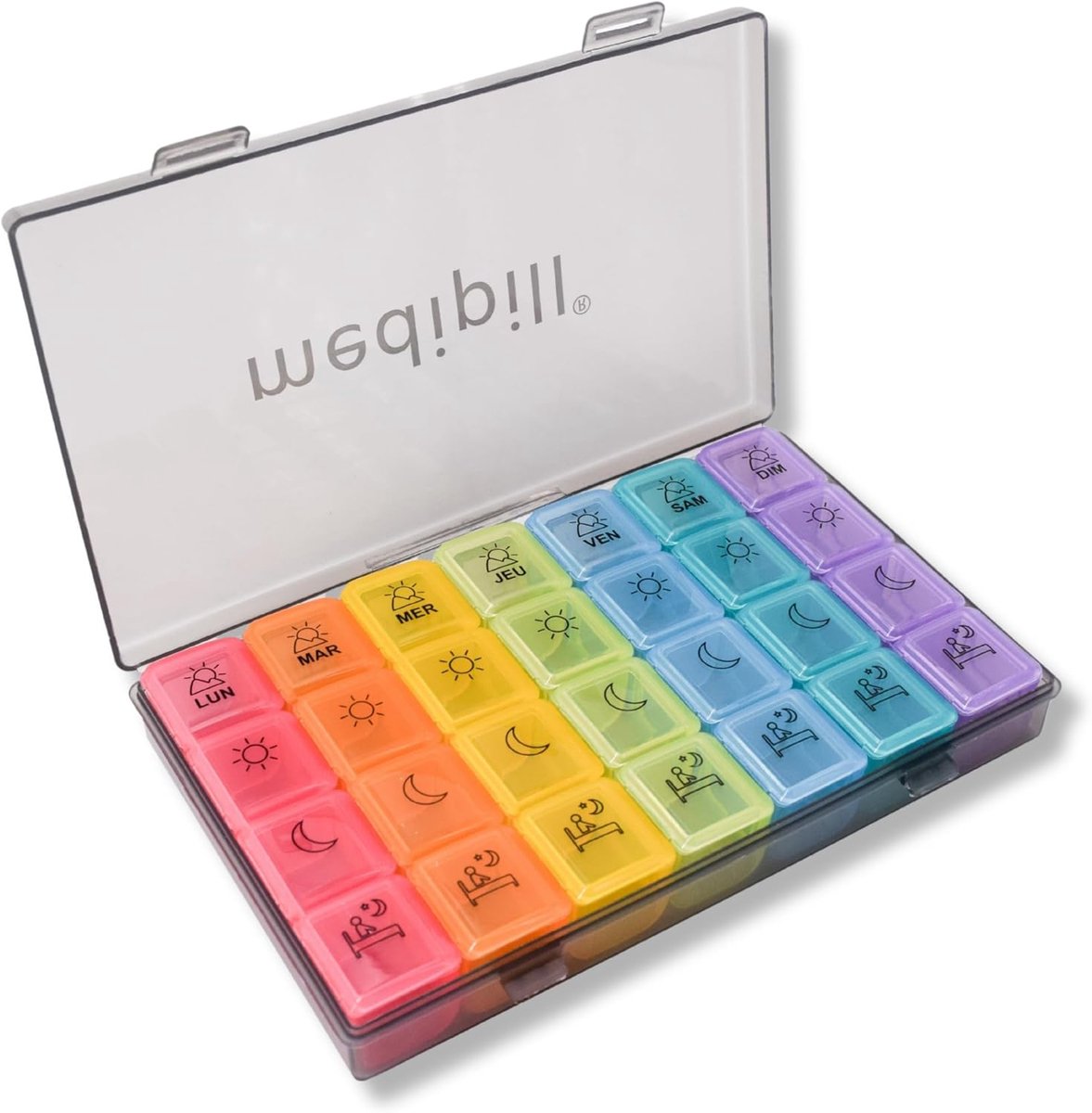 French weekly planner - 7 days 4 sockets morning afternoon evening lying - 28 compartments - medicine box - black - ShopVlot