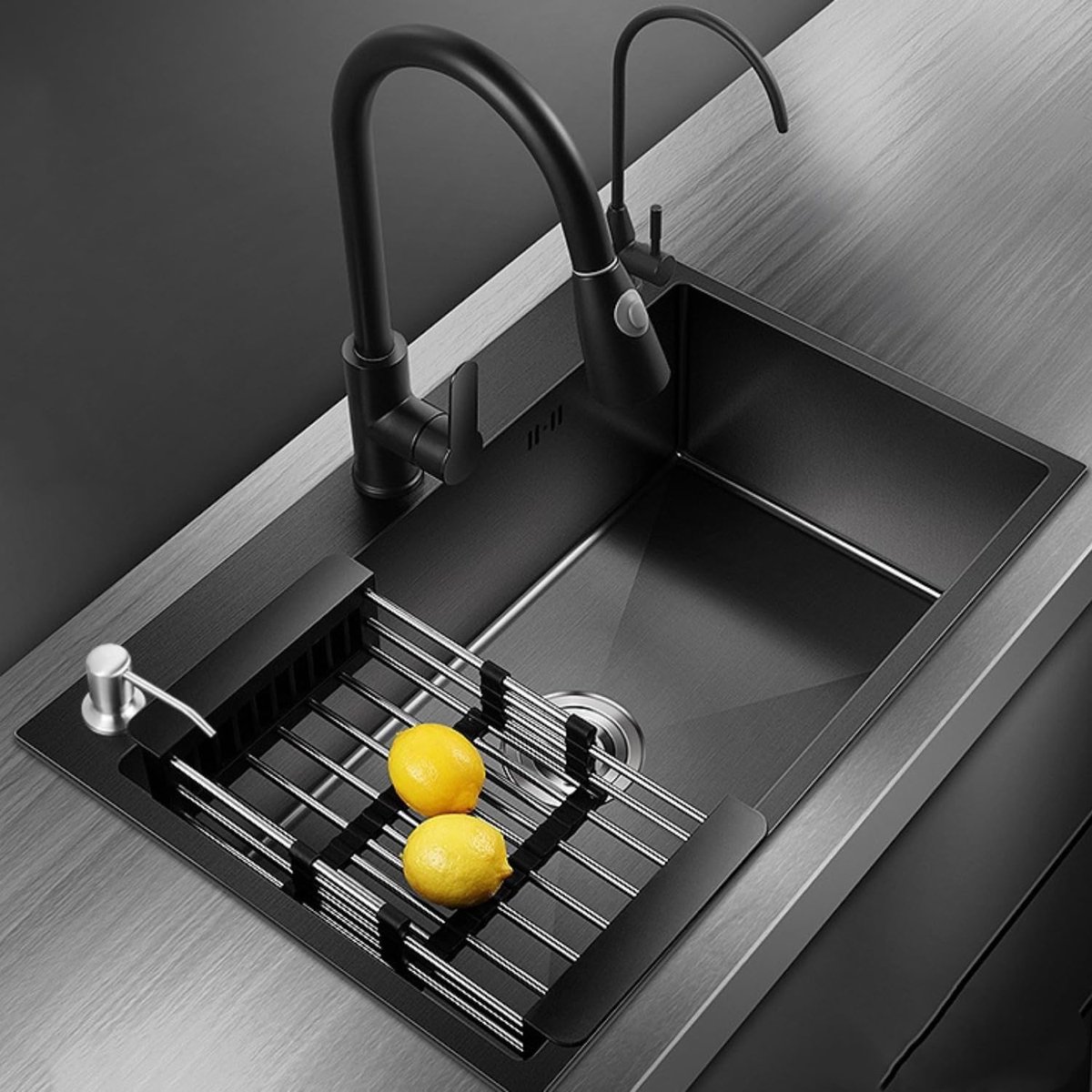 Kitchen Sink Stainless Steel 1 Bowl 60 x 45cm Home Sink Vegetable Sink Single Sink Workstation Kitchen Sink Set (Black) - ShopVlot