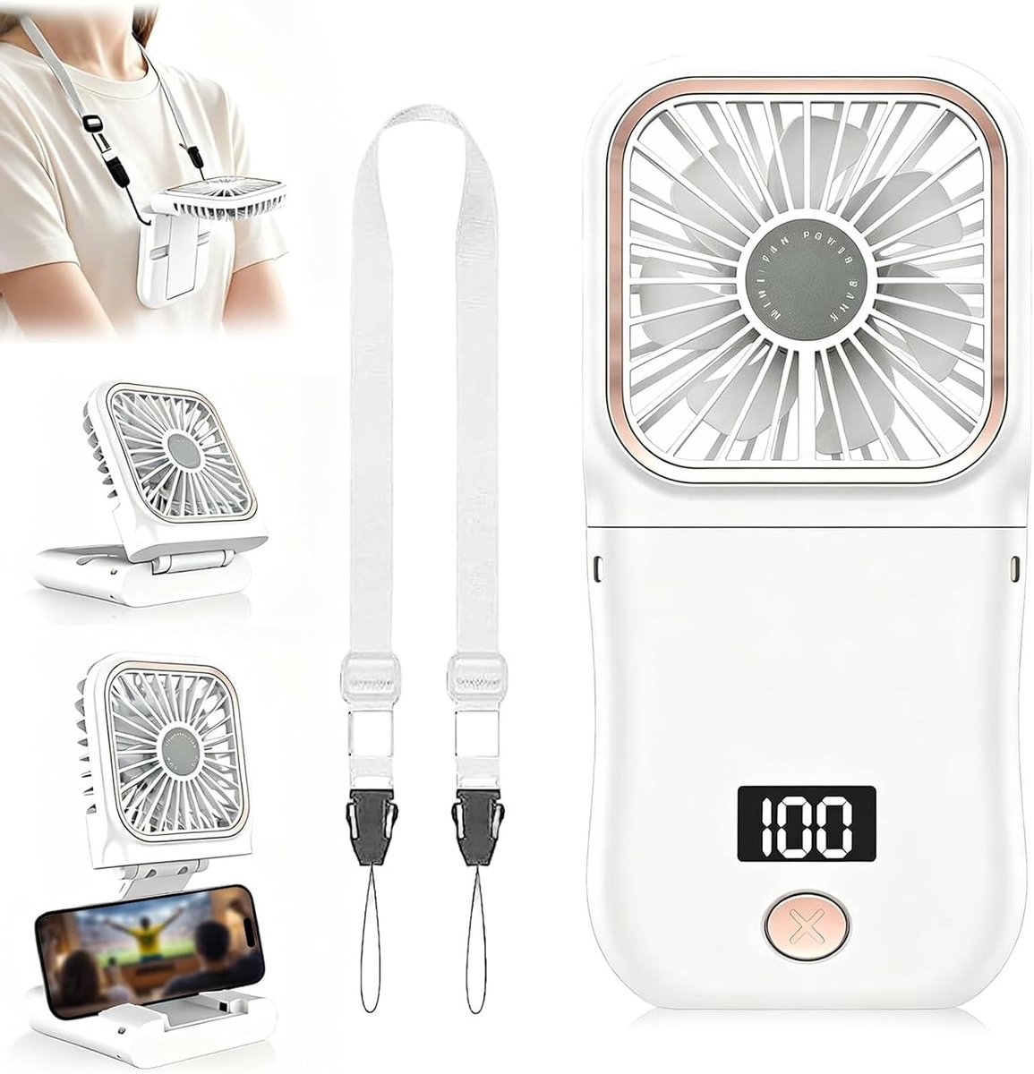 Draagbare Mini-Handventilator - Wit en Goud - 167 x 80 x 19 mm - 4-in-1 Opvouwbare Ventilator met LED-Display - Voor Thuis en Onderweg