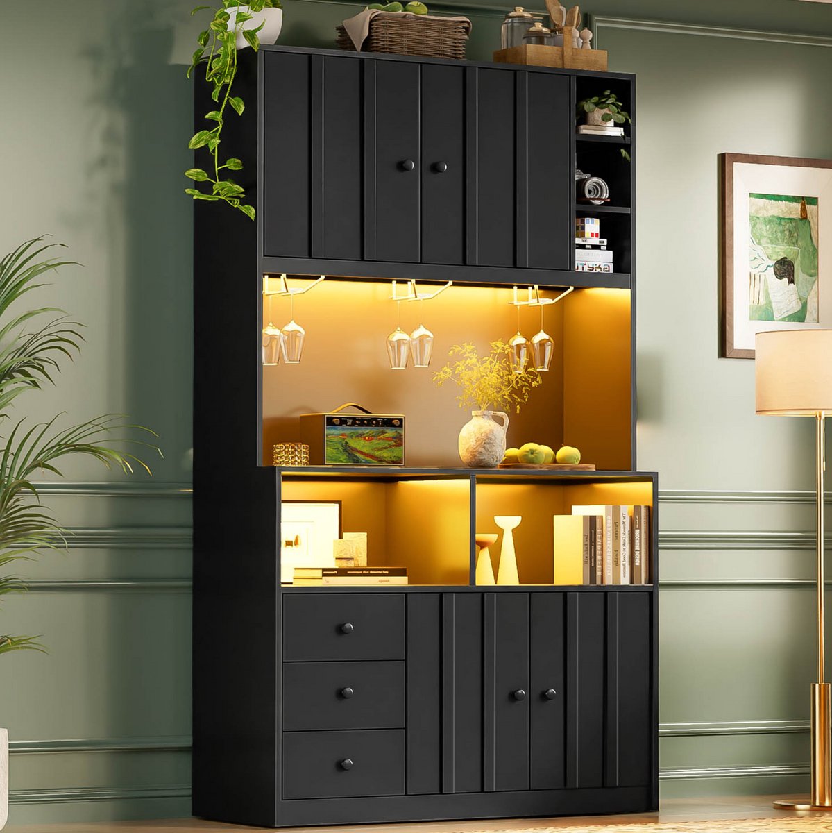 DESMIU Keukenkast - Hoog Model Met LED Verlichting En Stopcontact - Voor Keuken En Eetkamer - MDF - Zwart - 100x40x180 Cm
