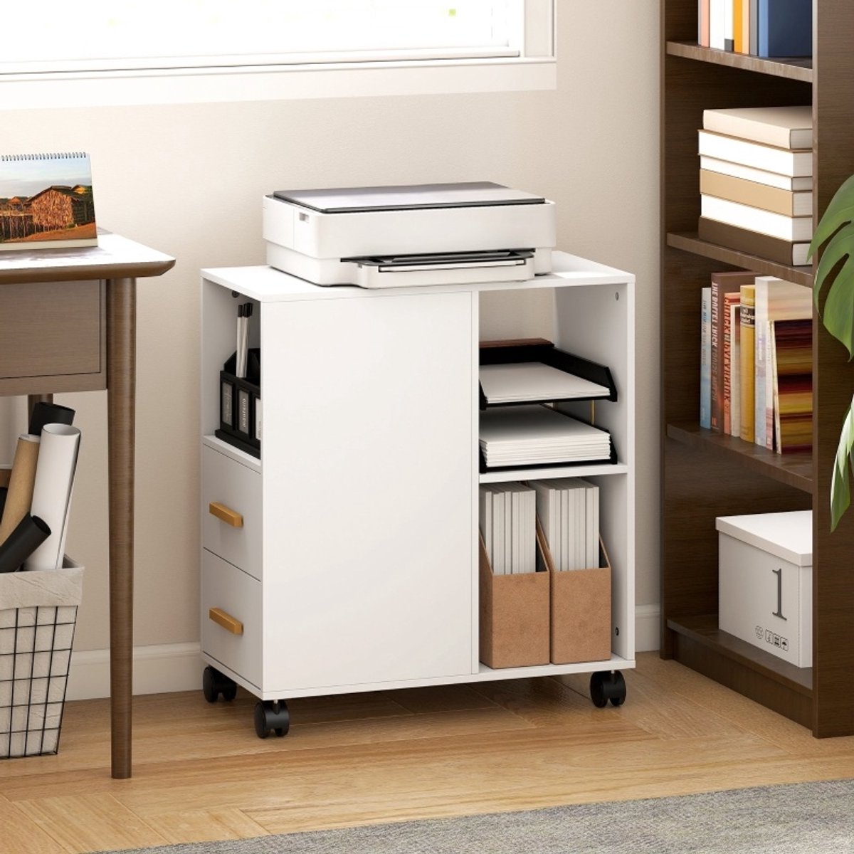 OKWISH Printerstandaard - Met 2 Lades En Verstelbare Plank - Op Wieltjes Voor Thuiswerkplek En Kantoor - Wit - 60 X 30 X 65 Cm