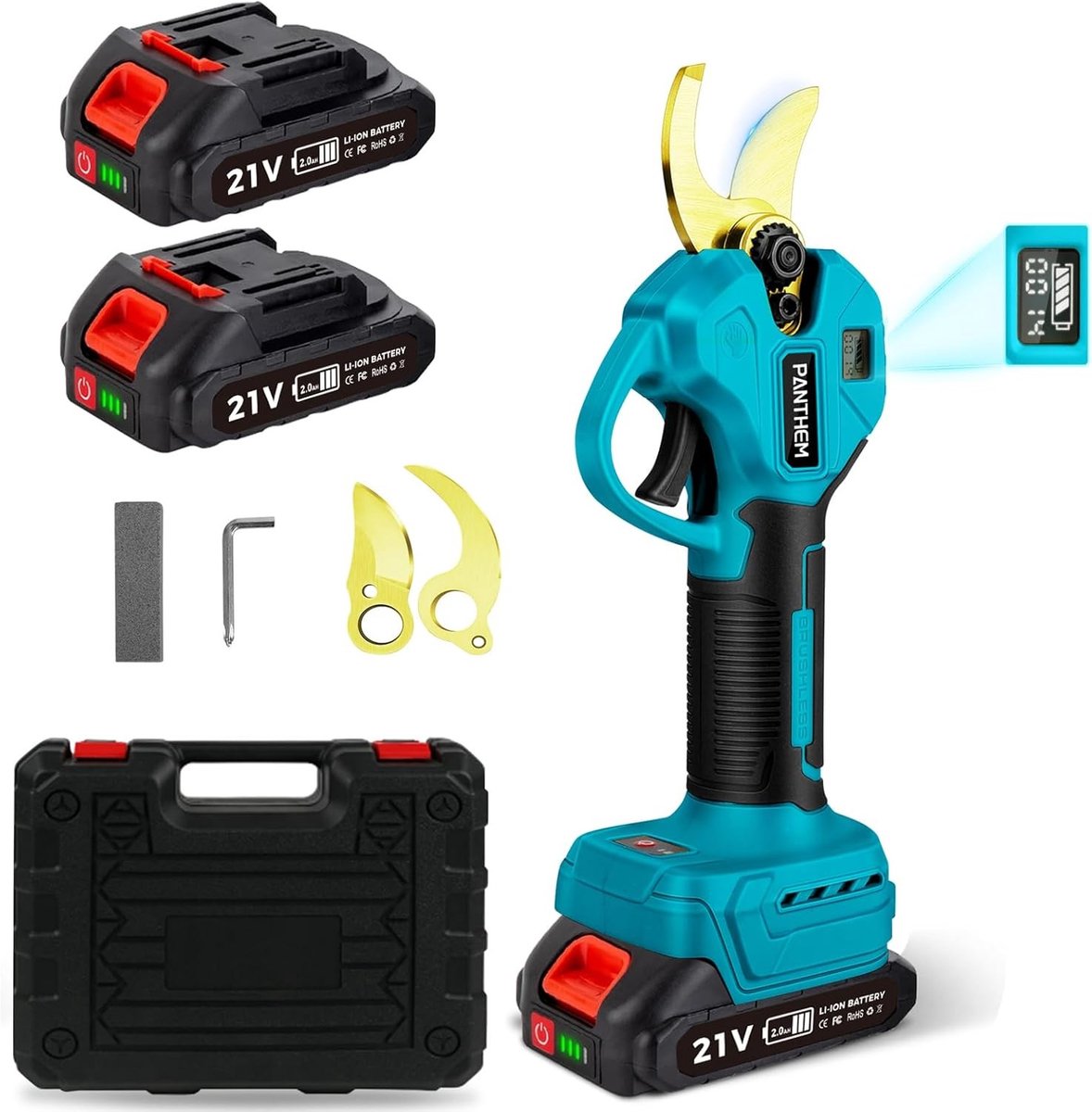 Accu Takkenschaar - Draadloos - 10 x 10 x 10 cm - Borstelloze Motor met LCD-Display - Voor Snoeien van Bomen