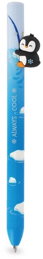 Stylo bleu avec une figurine de pingouin et le texte "ALWAYS COOL".