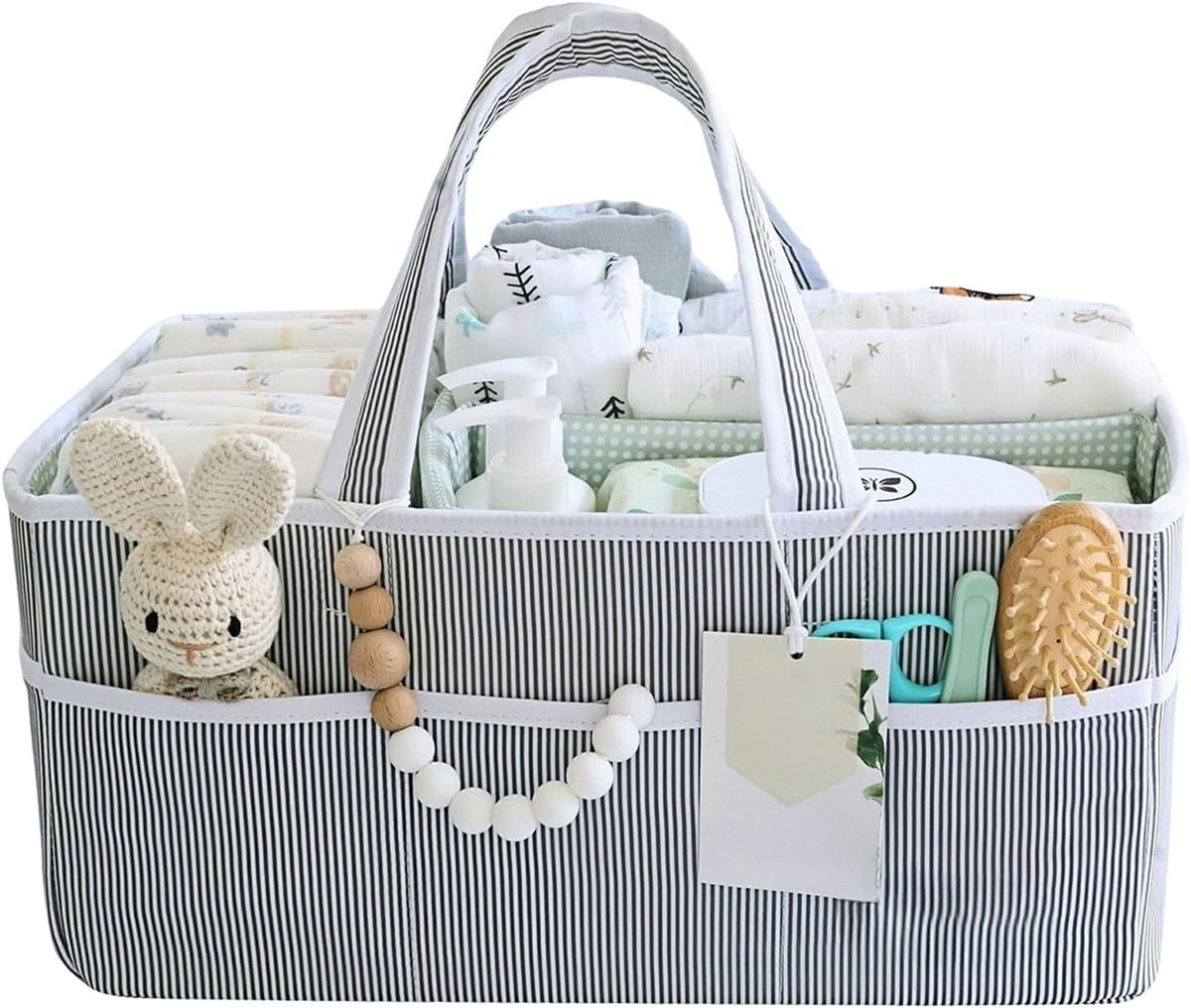 Zwart-Wit Gestreepte Gestructureerde Baby Opbergmand 38×25,5×18cm met Meerdere Buitenvakken en Stevige Handvatten | Perfect als Sfeervol Kraamcadeau