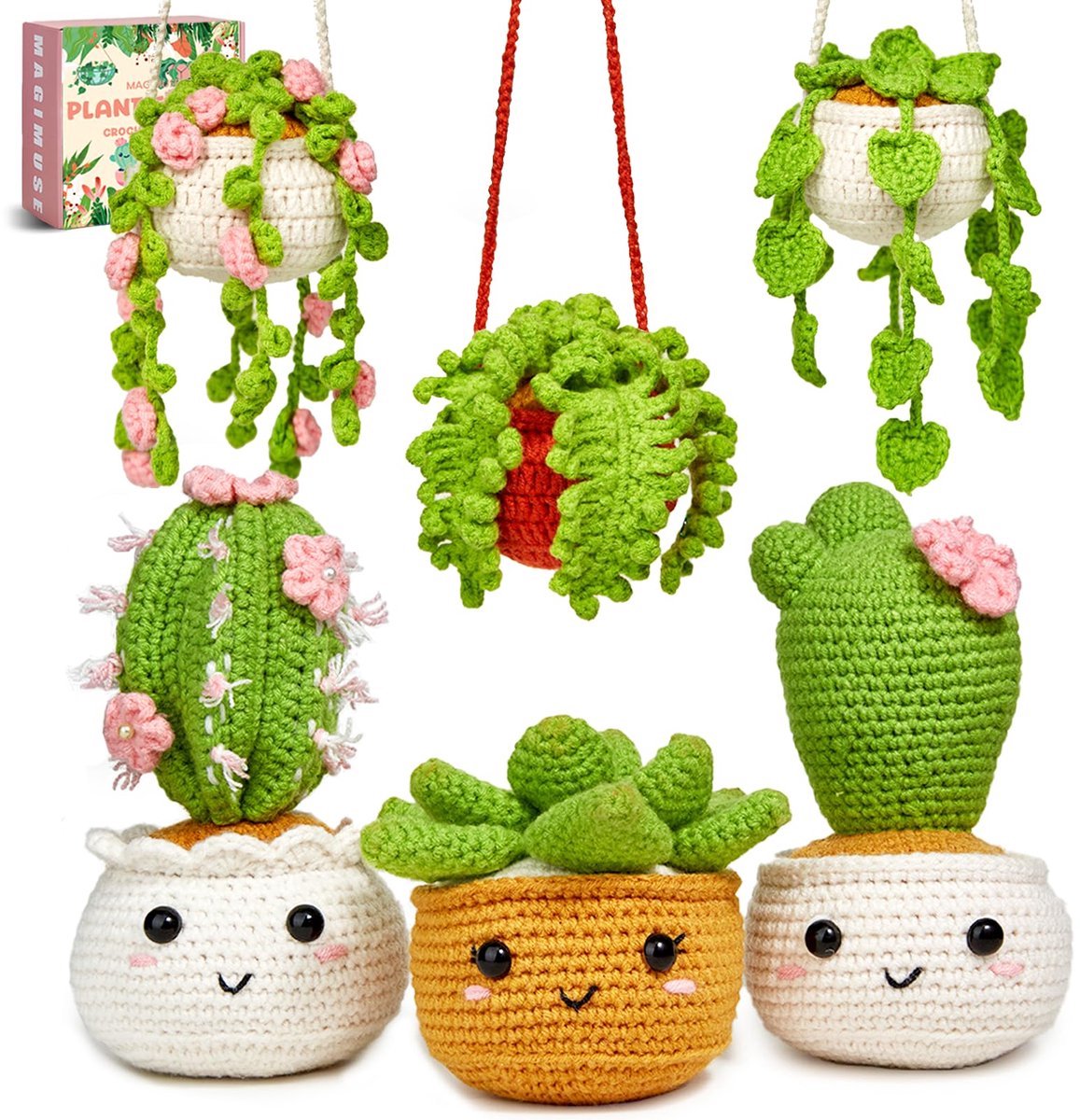 Casalora Haakset voor Beginners - Haaknaaldenset - Amigurumi Haakset 6 Planten DIY Kit , Inclusief Garen, Haaknaald, Video Handleiding en Accessoires