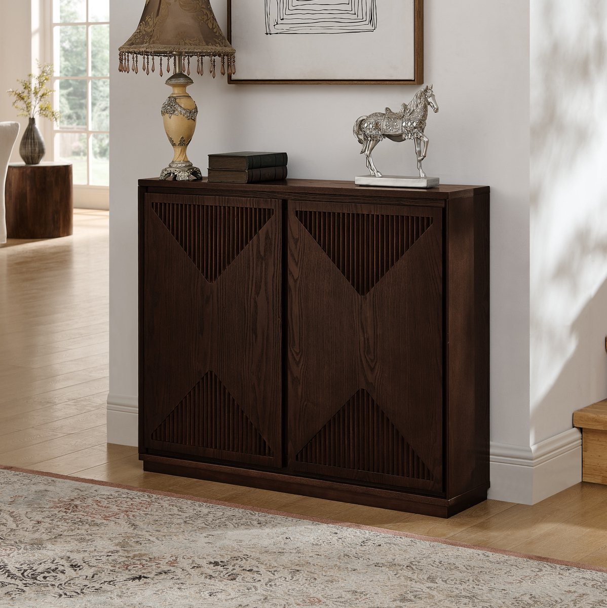 OKWISH Dressoir - V Groef Deuren - Dubbele Deuren - Staande Opbergkast Voor Woonkamer, Hal En Eetkamer - Walnoot - 99,06 Cm