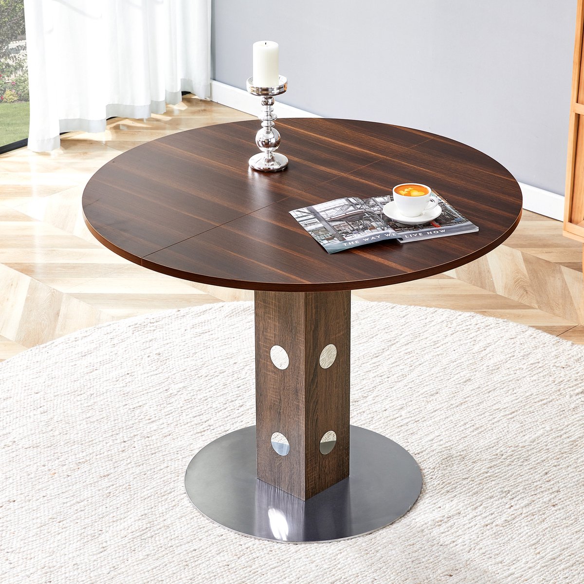 OKWISH Ronde Eettafel Walnoot MDF Met Metalen Onderstel 100 Cm Voor 4 Personen Modern Minimalistisch Voor Keuken En Eetkamer