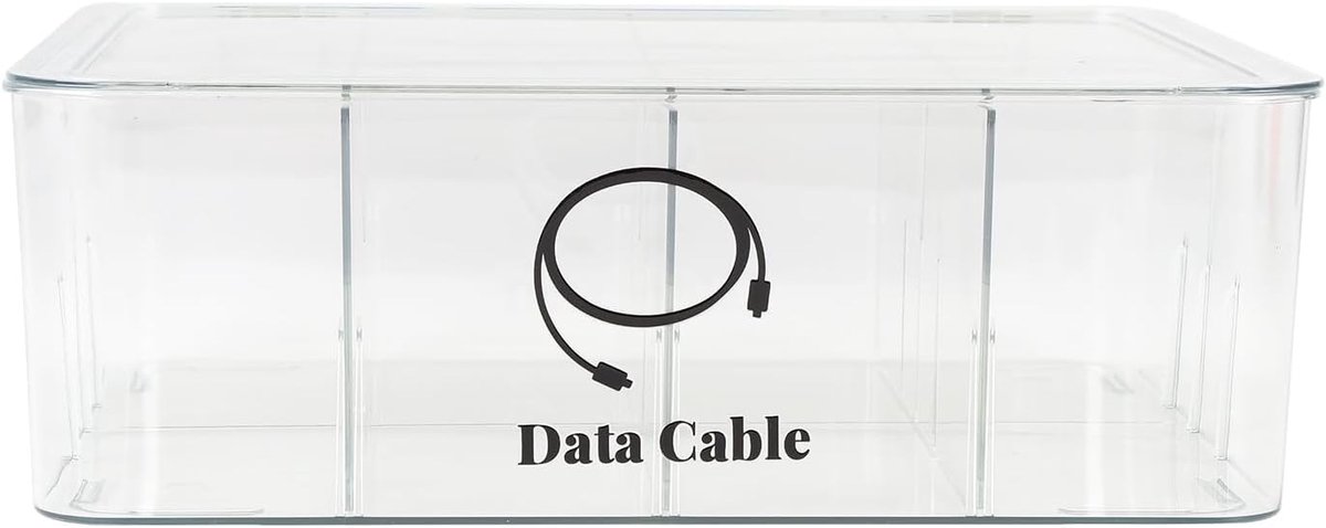 Cable organiser box with lid, transparent plastic storage box with 8 removable compartments, stackable cable storage - ShopVlot
