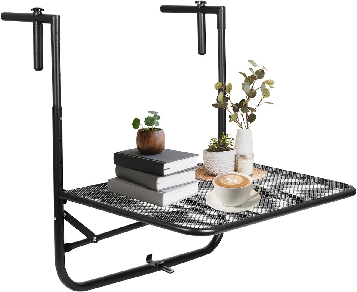 Hangtafel voor balkonleuningen, metaal, stabiele driehoekige structuur, 4-traps verstelbare balkontafel, inklapbare - ShopVlot