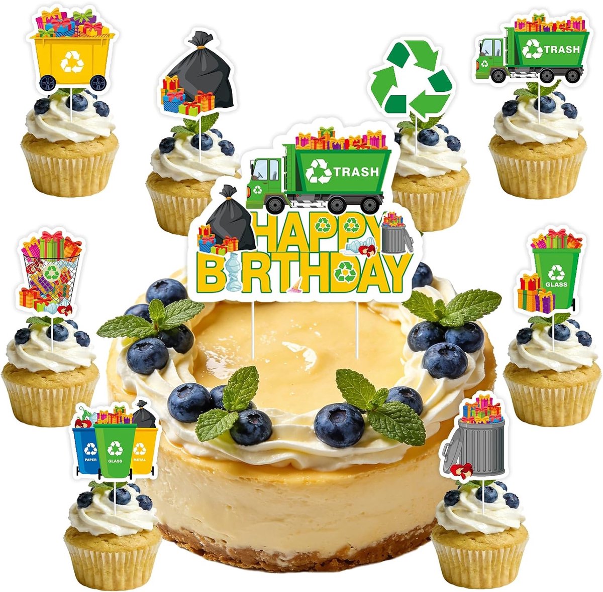 Vuilniswagen, cupcaketoppers + grote taarttopperset - vuilniswagen, vuilnisbak, cartoonontwerpen - ShopVlot