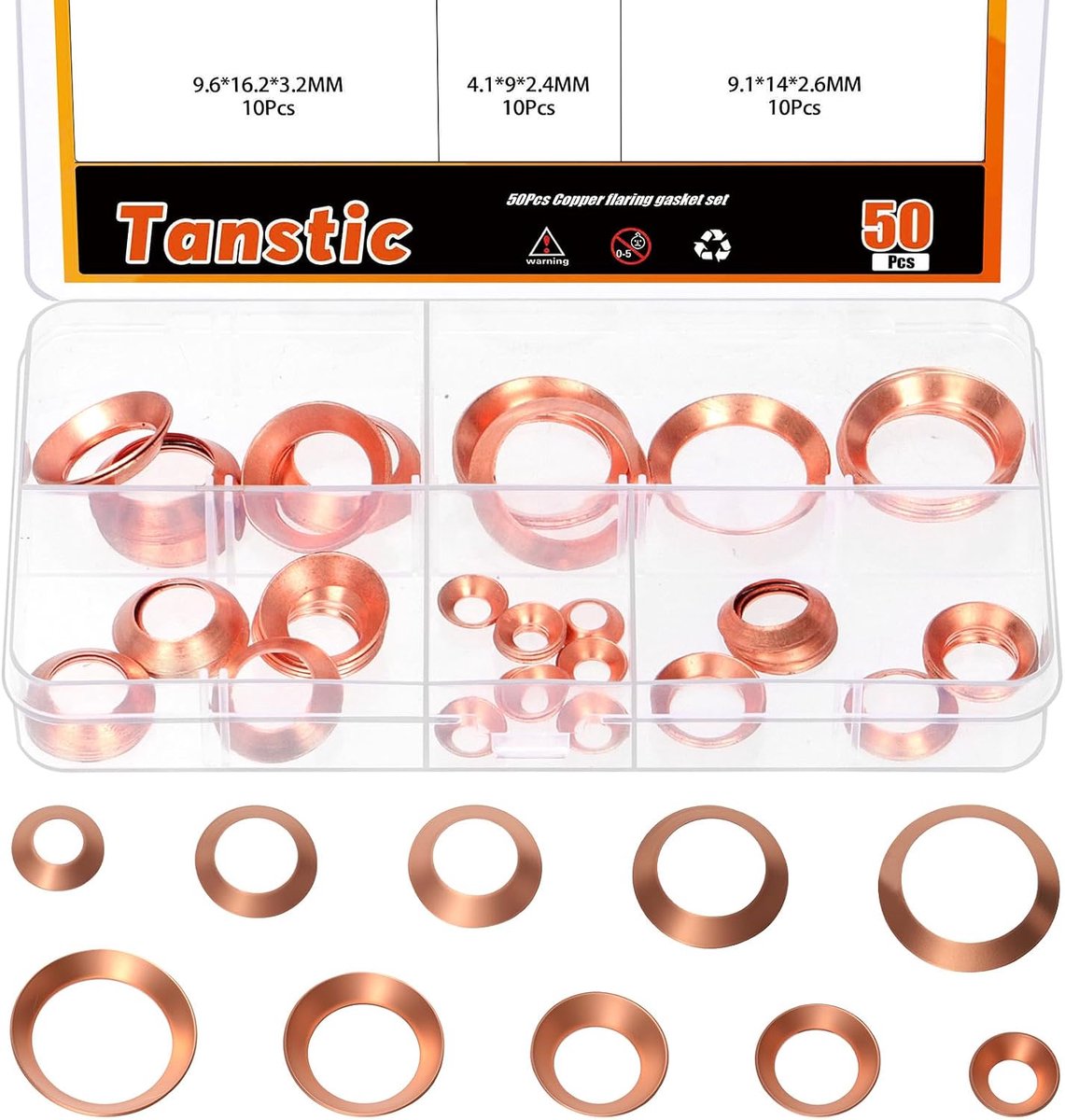 Tanstic Koperen Flare Pakking, 45 Graden Koper Uitlopende Pijp Montage voor Pijp Tubing (5 Maten (50 Stks) - ShopVlot
