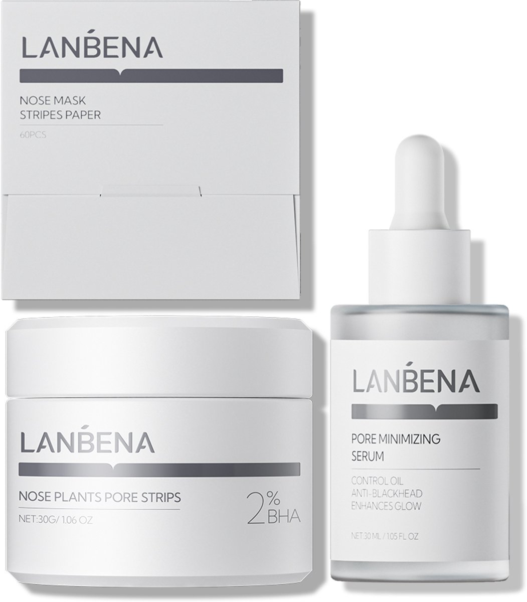 LANBENA Nose Plants Pore Strips Set – Neus Poriënstrips met Pore Minimizing Serum – Mee-Eter Verzorgingsset – 30 g + 30 ml + 60 Strips