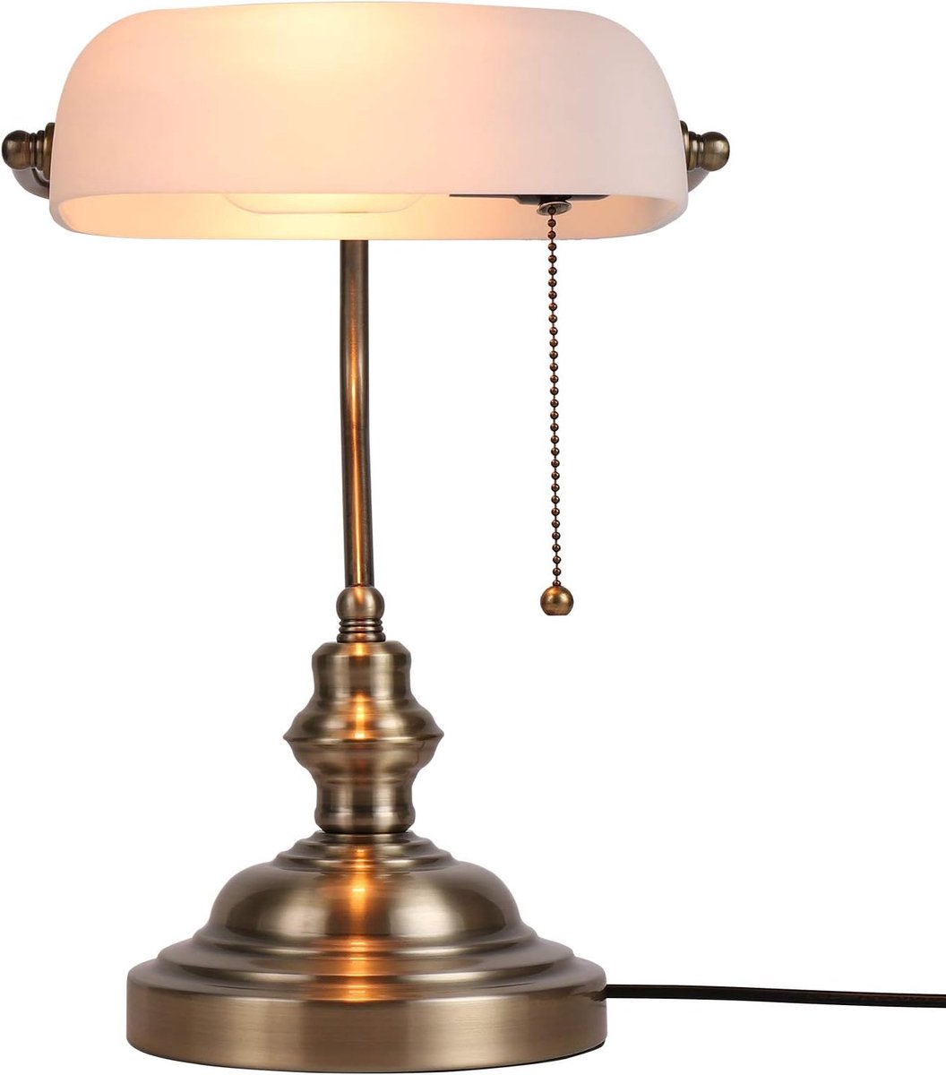 White Matted Glass Bankers Desk Lamp with Pull Chain Switch Recessed Fixture - ShopVlot