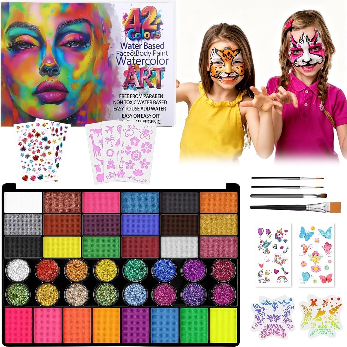 Kinderschminkset, 42 kleuren kinderschminkset, gezichtsverf kinderschminkset, theaterschmink kinderen, kinderschmink - ShopVlot