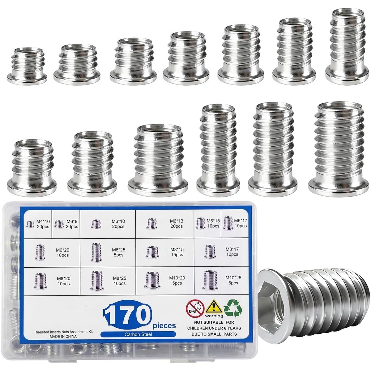 170 stuks inschroefmoeren M4 M5 M6 M8 M10, inslag schroefdraadinzetstuk hout, inschroefmoerset - ShopVlot