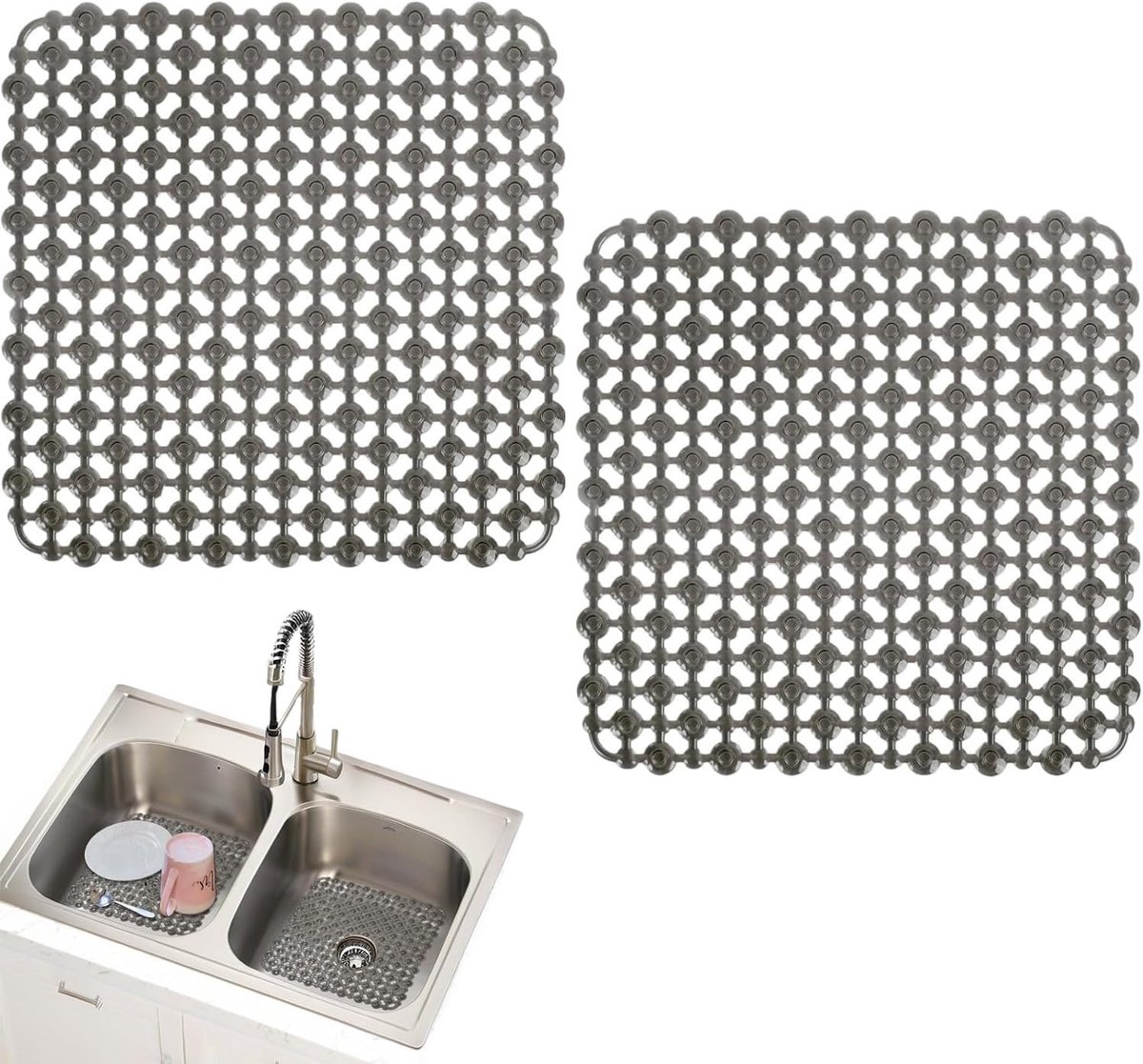2 Piece Sink Mat for Kitchen Sinks, Quick Draining Sink Mat, PVC Protective Mat for Crockery, Glassware, Vegetables - ShopVlot