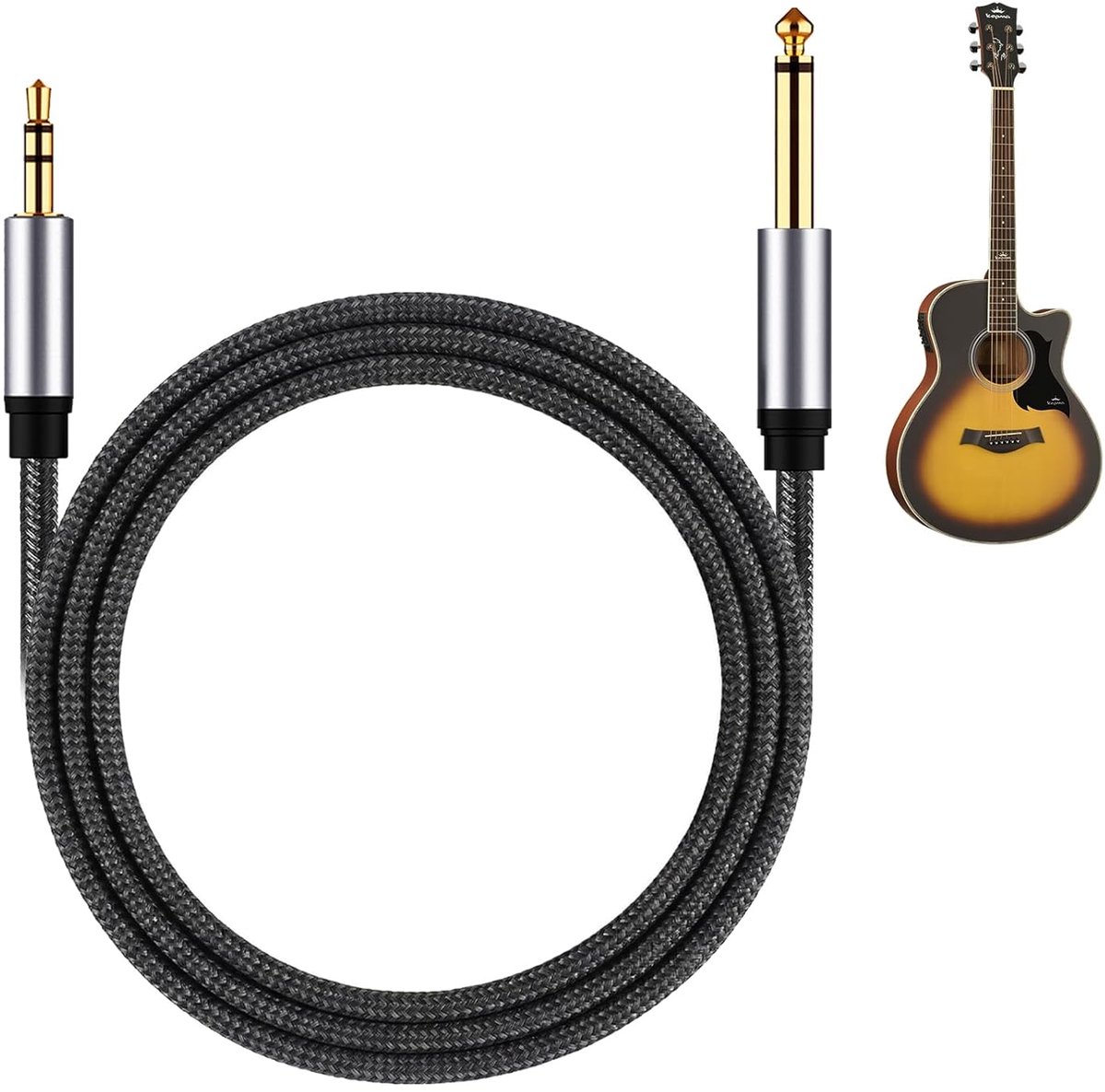 2 m stereo-audiokabel, 6,35 mm naar 3,5 mm, stekker naar stekker, vergulde stekker en gevlochten nylon ommanteling - ShopVlot