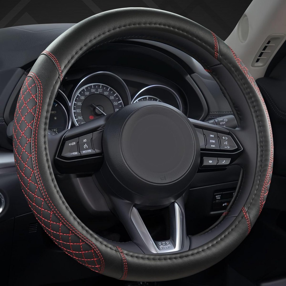 GIANT PANDA PU Leather Steering Wheel Cover Compatible with Renault Round Steering Wheels Diamond Stitched Black + Red - ShopVlot