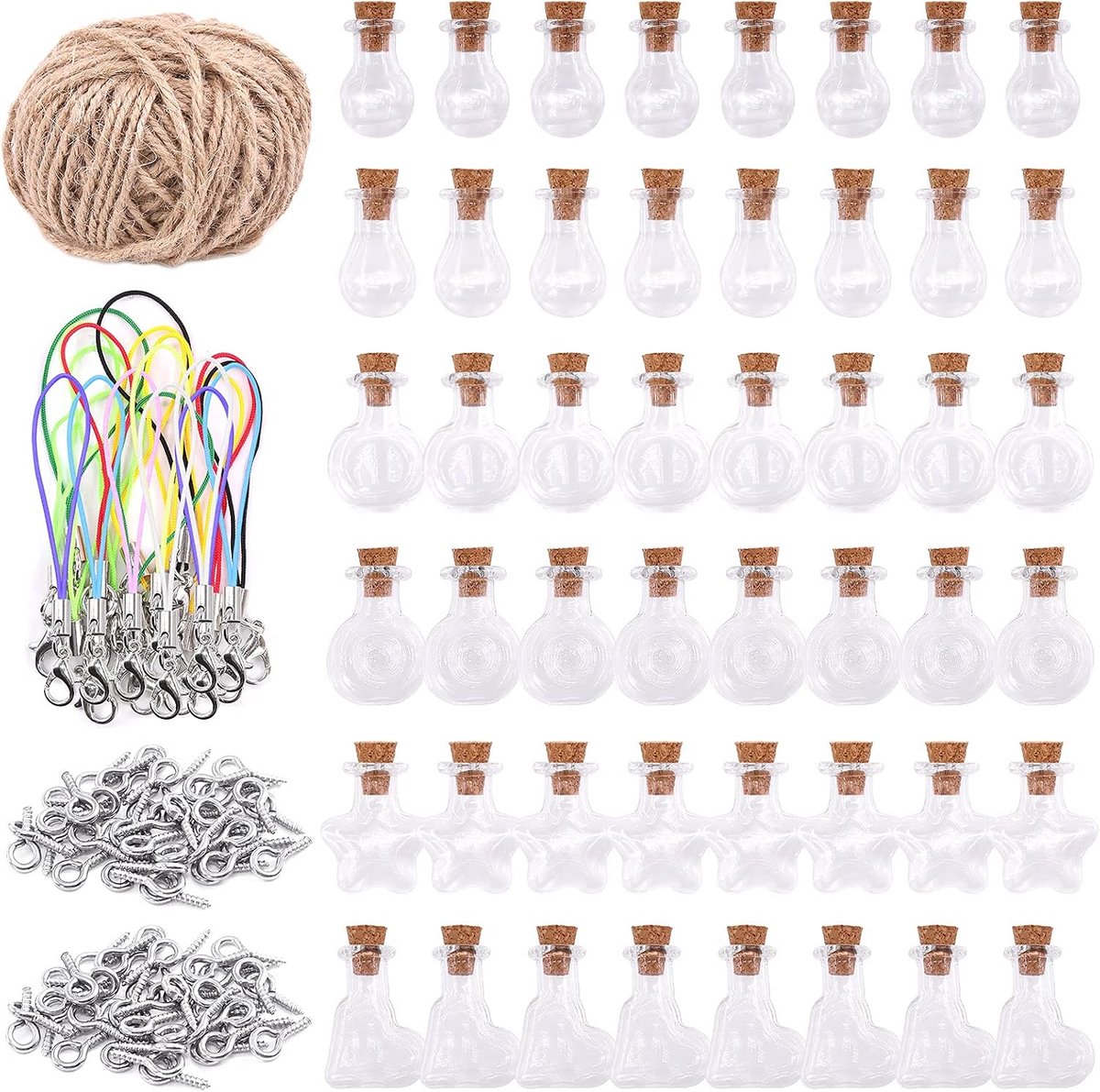 Tanstic 119Pcs 6 Shapes Glass Jars Bottles With Cork Stoppers Set, 48Pcs Wish Bottles Glass Favor Jars With 50Pcs Eye - ShopVlot