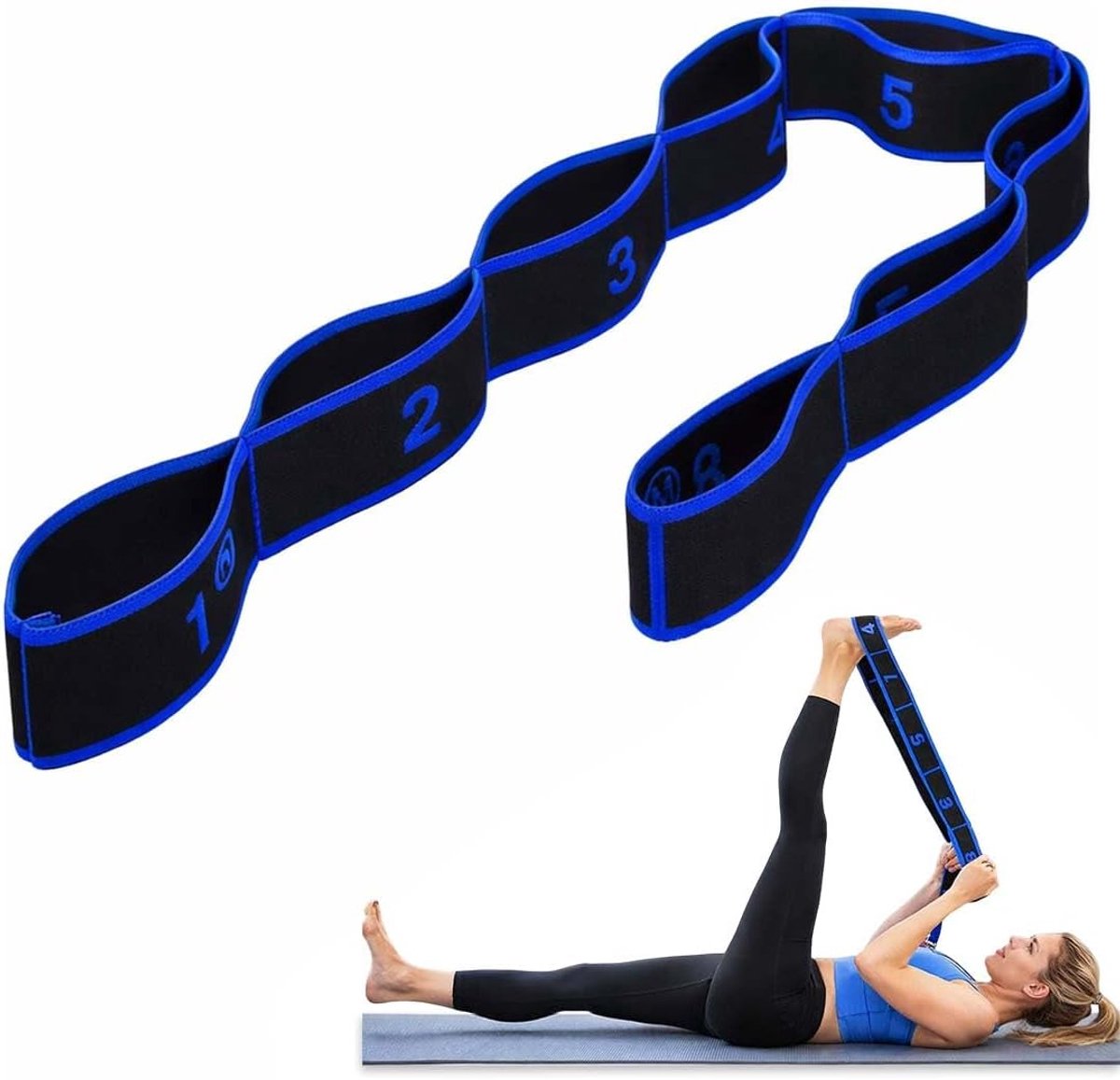 1 Pezzo Cinghia Da Yoga Banda Di Resistenza Elastica, Con 8 Anelli Per Pilates, Danza, Ginnastica (Blu-Nero) - ShopVlot