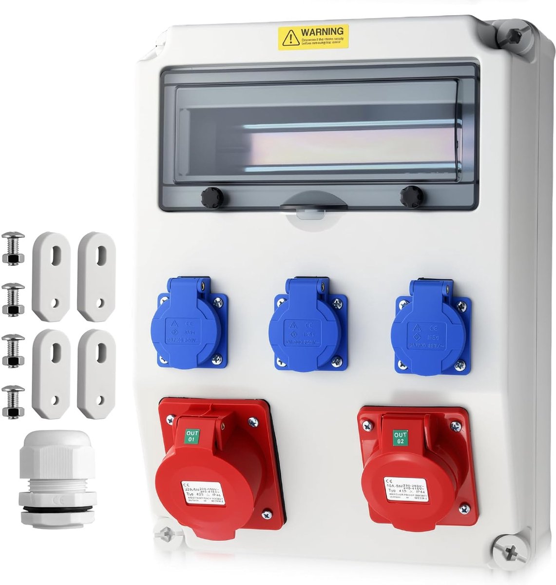 EYPINS Power Distributor for Construction Sites Outdoor Socket 3 x 230 V 1 x 16 A, 1 x 32 A, Without LS and FI - ShopVlot