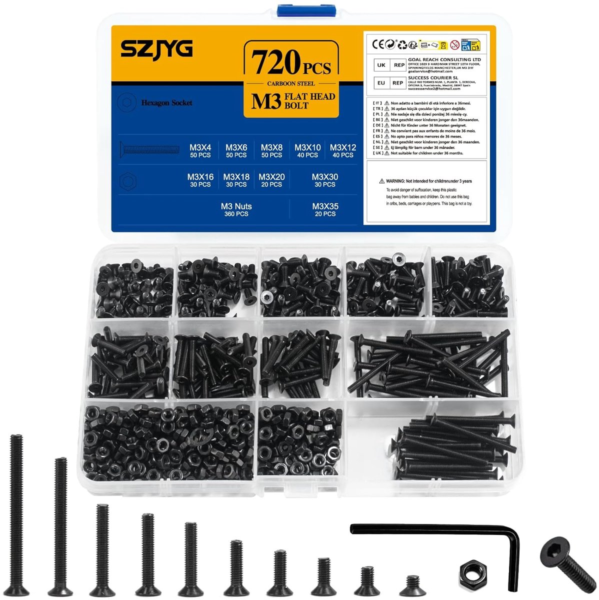 720pcs M3 Screw Set, Countersunk Screws Nuts, Flat Head Screws, Hex Head Screws, Hex Socket with Nuts, Thread Screws - ShopVlot