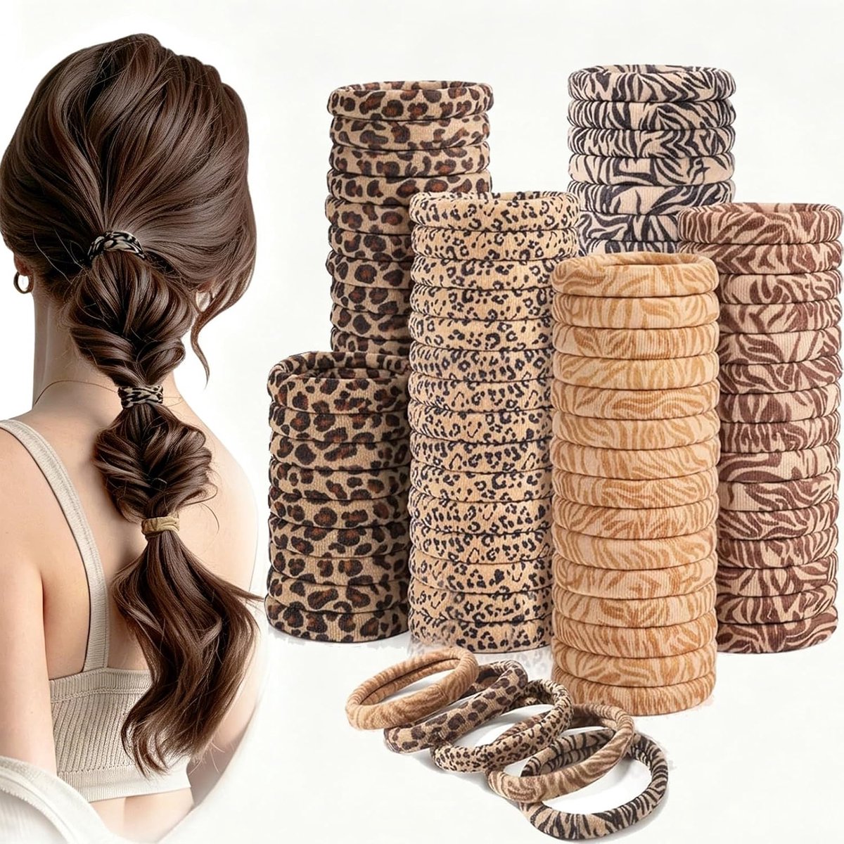 Leo Hair Bobbles 60 Pieces - Elastic Braided Elastic Elastic Elastic Band Leopard Pattern 4 cm for Women and Girls - ShopVlot