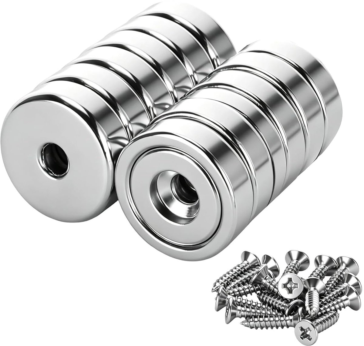 VINATO 12 neodymium magneten met gat en schroeven, M4, 20 x 5 mm, potmagneet met stalen behuizing, hechtkracht 10 kg - ShopVlot