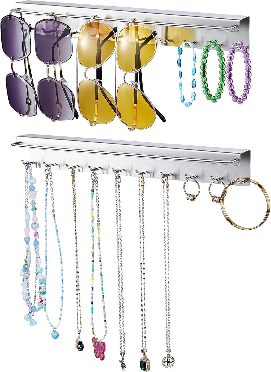 2 Pcs Chain Holders, Wall Jewelry Storage, Sunglasses Holder, Jewelry Stand, Glasses Holder (Silver) - ShopVlot
