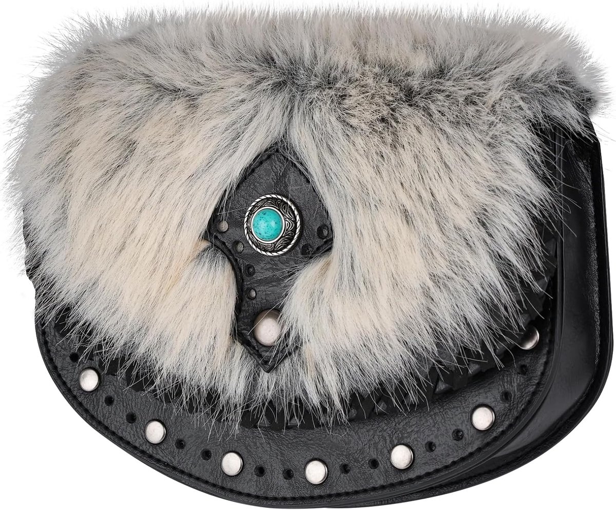 HiiFeuer Viking hip bag with faux fur - turquoise Scandinavian design, vintage leather bum bag for LARP & cosplay - ShopVlot