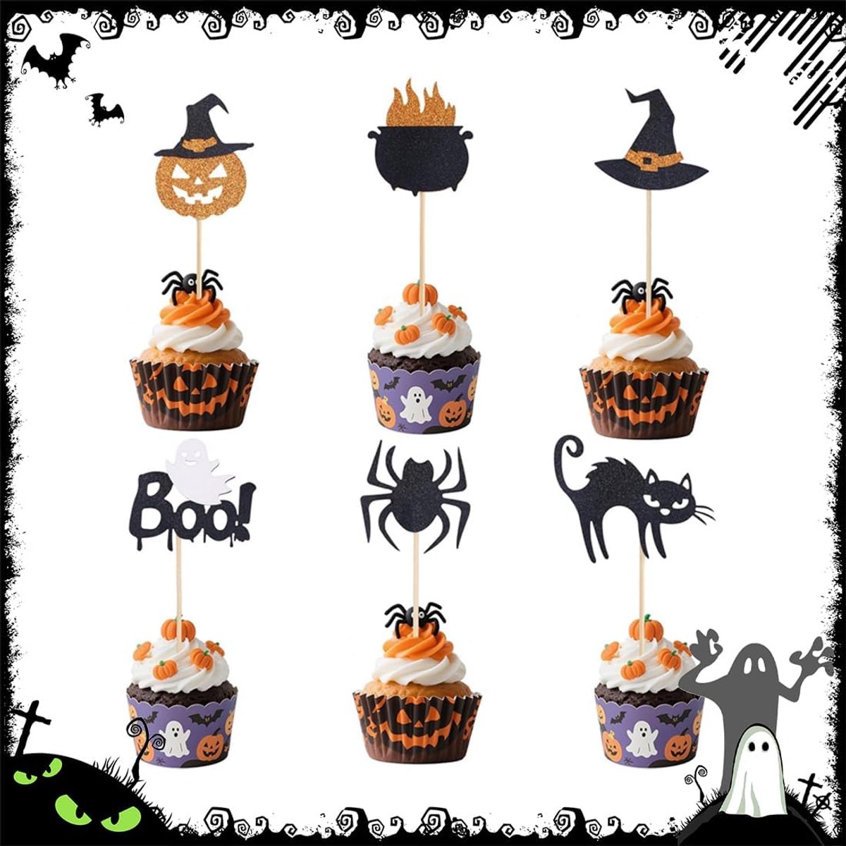 Pack of 24 Halloween cupcake toppers, muffin decoration, cake decoration, cake flags (for Halloween party, six models). - ShopVlot