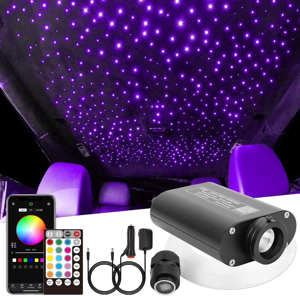 CHINLY Bluetooth 16W RGBW LED Fiber Optic Star Ceiling Lights Kit App/Remote Control 200pcs x 0.75mm x 2m Fiber Optic - ShopVlot