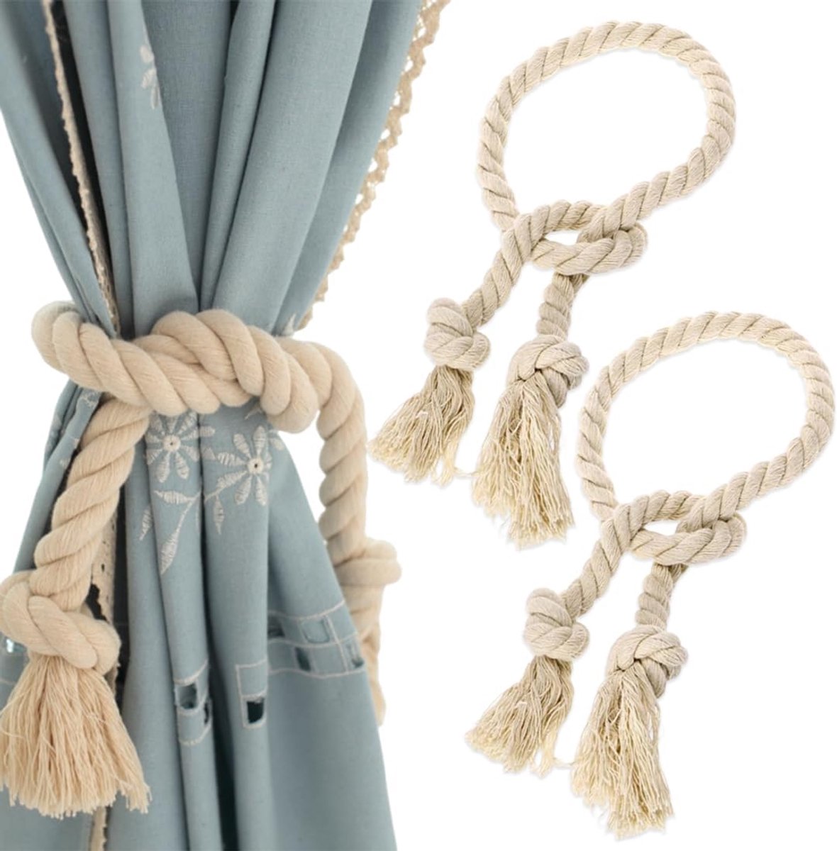 Pack of 2 Curtain Holders, Hand Braided Cotton Rope, Curtain Clips, Indoor and Outdoor Curtain Holders(Beige Braided) - ShopVlot