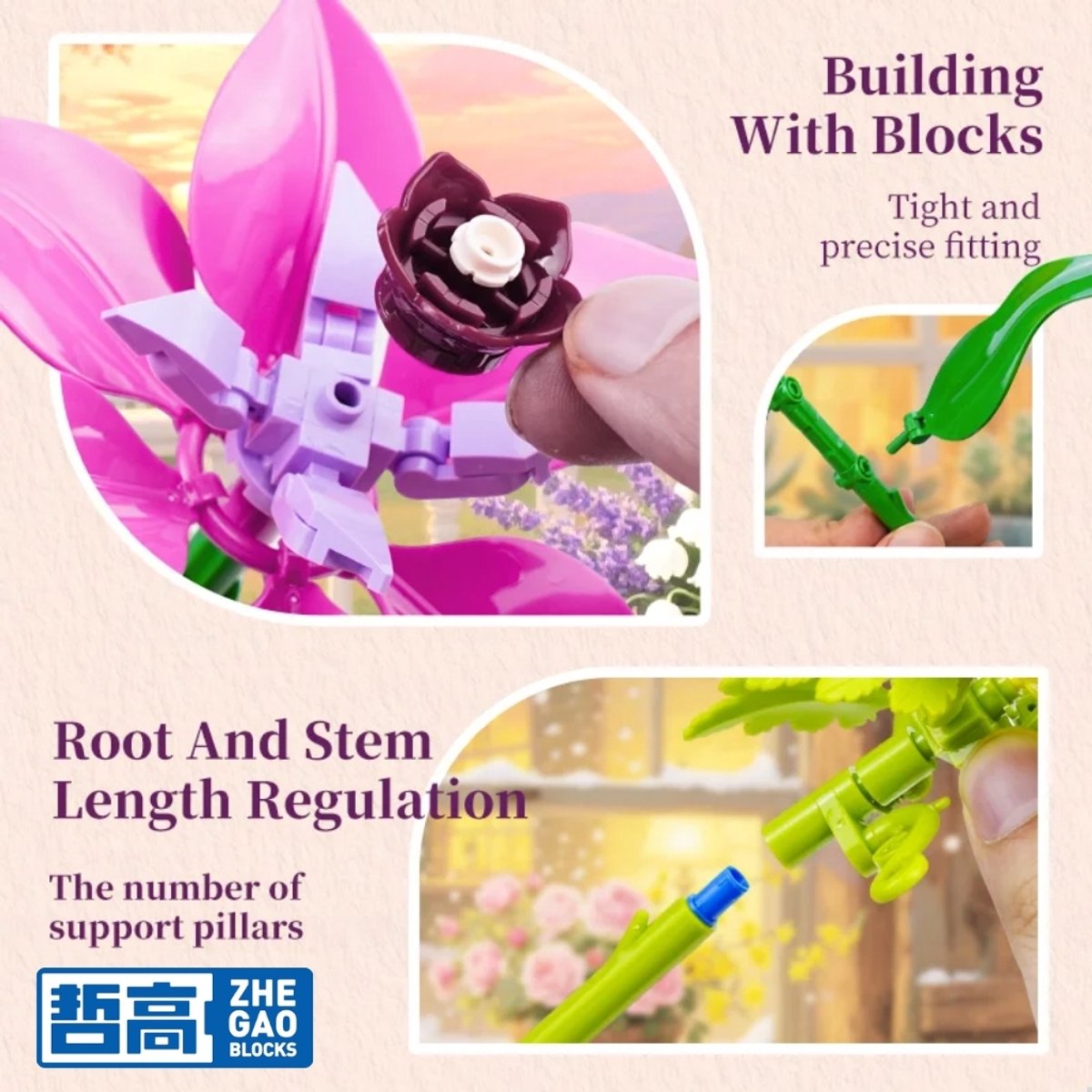 Zhe Gao 11304 Kleurrijke bloemen bouwset | Botanical Flowers Collection modelbouw | Classic Creator STEM speelgoed bouwpakket voor volwassenen en kinderen | Educatief decoratie Kunstbloemen boeket niet geschikt voor Lego | bouwdoos met 907 bouwstenen — afbeelding 5