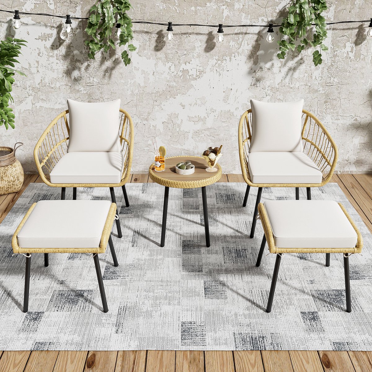 MIVRAY Tuin Loungeset 5-Delig - 2 Stoelen 2 Hockers En Tafel - Weerbestendig Met Zachte Kussens - Rotan Stof - Wit Natur