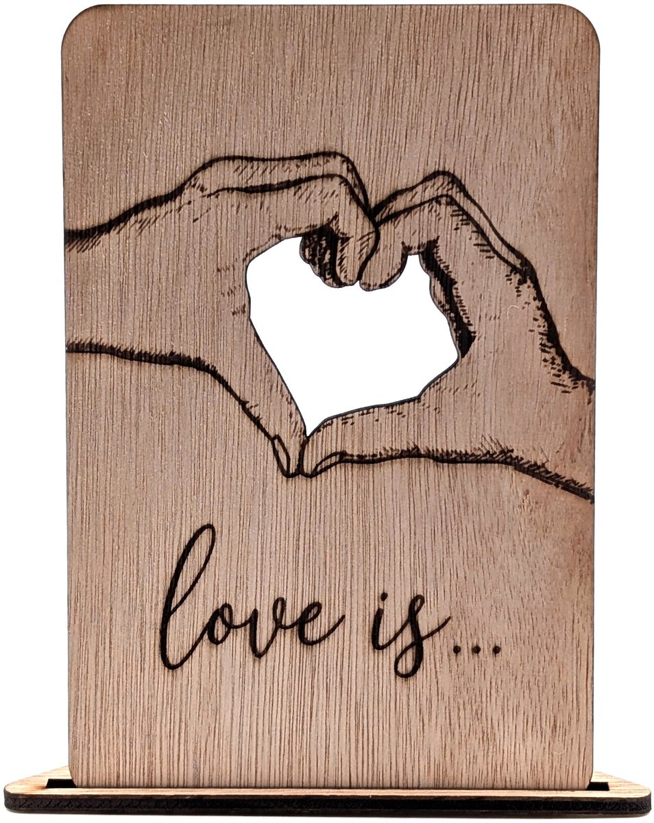 Vilewoods Houten Wenskaart – Love Is... Handen Hart – Inclusief Envelop – Handgemaakt
