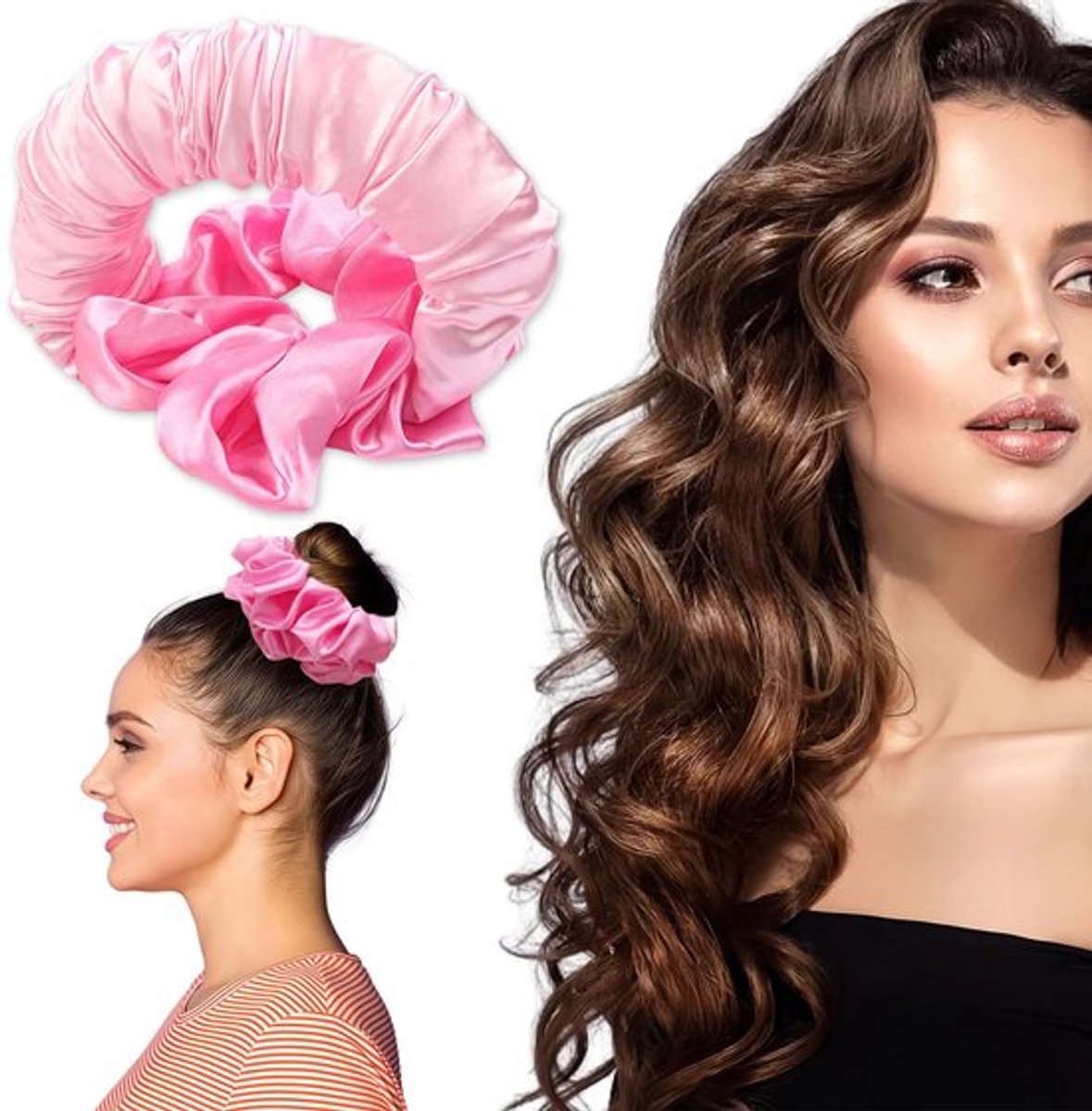 Hitze Locken Scrunchie - Pink Satin Heat Locks - Overnight Sleep Hair Bands - Lazy
