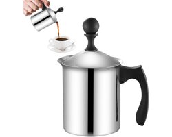 Melkschuimer Handmatig - Roestvrij Staal - Koffie Maken - Dubbele RVS Constructie - 400 ml - Zilver